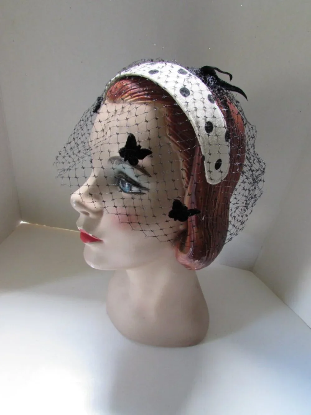 Vintage Head Band Hat White with Black Polka Dots